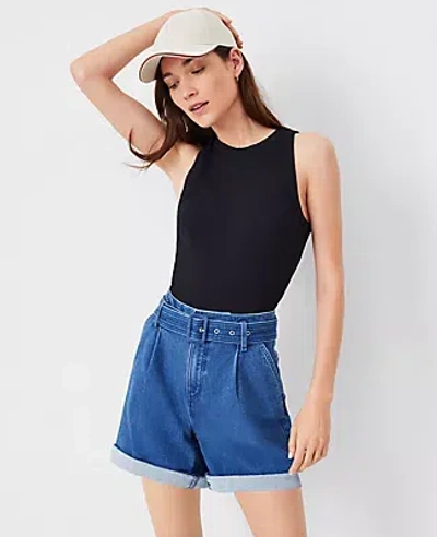 Ann Taylor Petite Belted Denim Shorts In Bright Medium Stone Wash