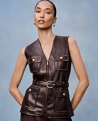 Ann Taylor Petite Belted Faux Leather Vest In Brown