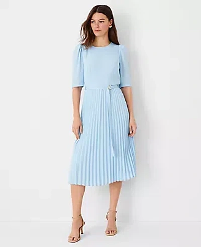 Ann Taylor Petite Belted Pleated Flare Dress In Perfect Sky