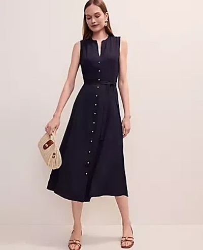 Ann Taylor Petite Belted Split Neck Flare Dress In Black