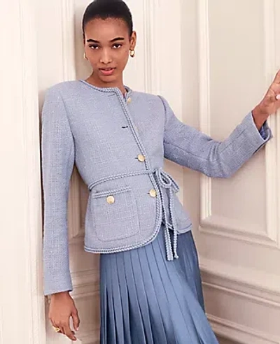Ann Taylor Petite Belted Tweed Crew Neck Jacket In Blue