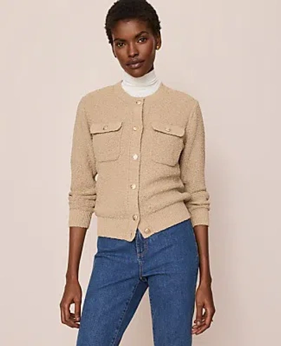 Ann Taylor Petite Bouclé Crew Neck Cardigan In Brown