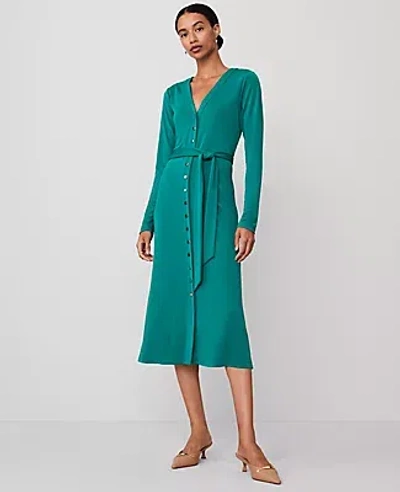 Ann Taylor Petite Button V-neck Flare Knit Midi Dress In Green Marais