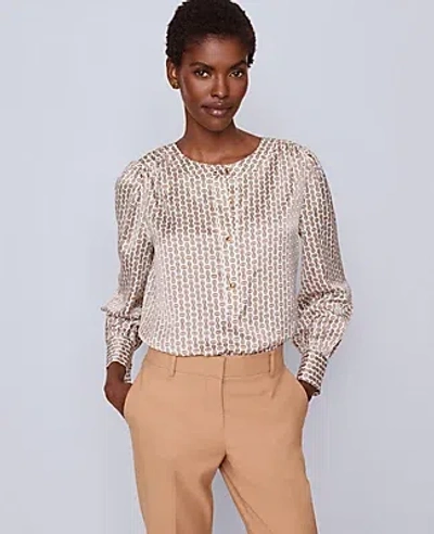 Ann Taylor Petite Chain Link Print Satin Popover Top In Brown