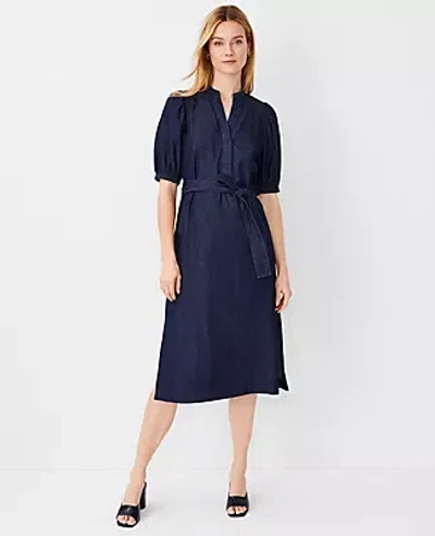 Ann Taylor Petite Chambray Puff Sleeve Belted Shirtdress In Indigo Chambray