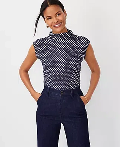 Ann Taylor Petite Check Mock Neck Cap Sleeve Top In Night Sky