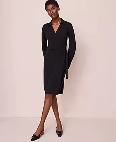 Ann Taylor Petite Collared Knit Wrap Dress In Black