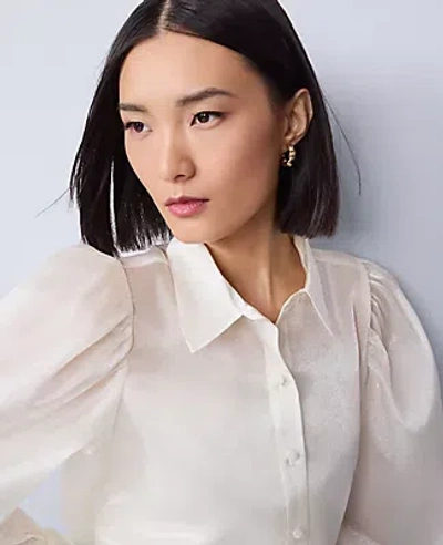 Ann Taylor Petite Collared Shirred Yoke Button Down Shirt In White