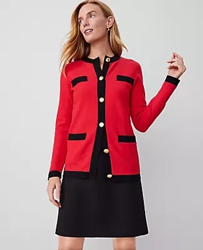 Ann Taylor Petite Contrast Trim Boyfriend Cardigan In Red/black Multi