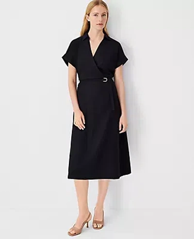 Ann Taylor Petite Crossover Collared Midi Shirtdress In Black