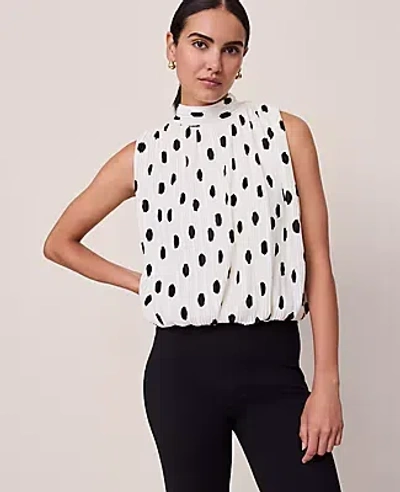 Ann Taylor Petite Dotted Mock Neck Bubble Hem Top In White