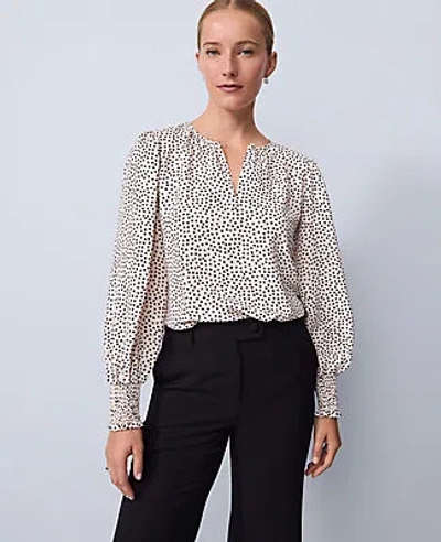 Ann Taylor Petite Dotted Smocked Crew Neck Top