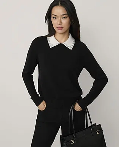Ann Taylor Petite Embellished Collar Sweater In Black/white Combo