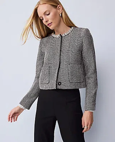 Ann Taylor Petite Embellished Herringbone Cropped Jacket In Gray