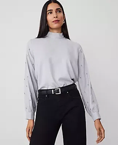 Ann Taylor Petite Embellished-sleeve Mock-neck Top In Magnesium