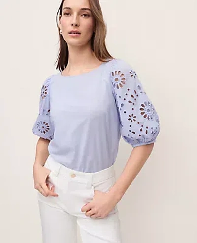 Ann Taylor Petite Embroidered Boatneck Popover Top In Blue