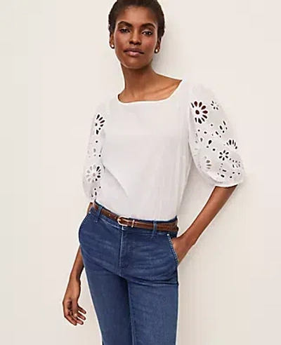 Ann Taylor Petite Embroidered Boatneck Popover Top In White