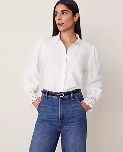 Ann Taylor Petite Embroidered Linen-blend Pocket Shirt In White