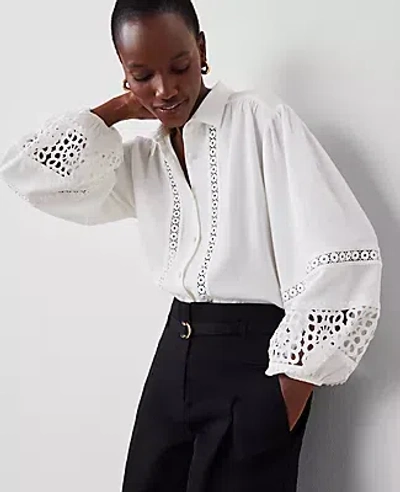 Ann Taylor Petite Embroidered Linen-blend Puff Sleeve Blouse In White