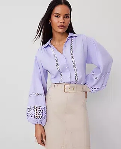 Ann Taylor Petite Embroidered Linen Puff Sleeve Blouse In Lilac Bud