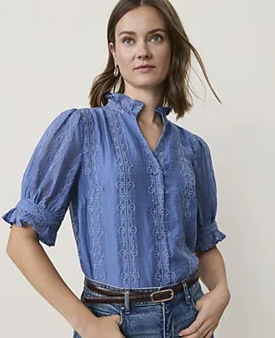 Ann Taylor Petite Embroidered Ruffle Collar Shirt In Ocean Oasis