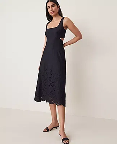 Ann Taylor Petite Embroidered Strappy Midi Dress In Black