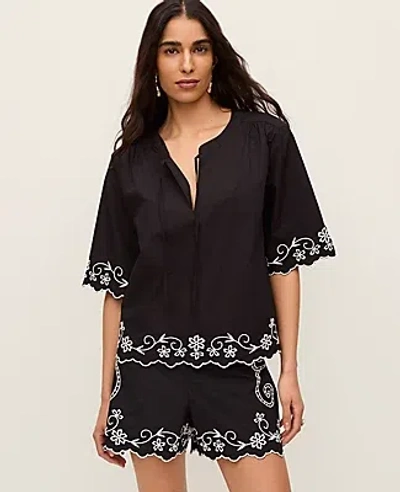 Ann Taylor Petite Embroidered V-neck Blouse In Black