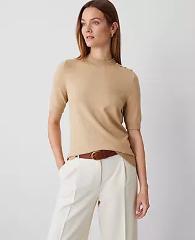Ann Taylor Petite Essential Button Mock Neck Sweater Tee In Baguette