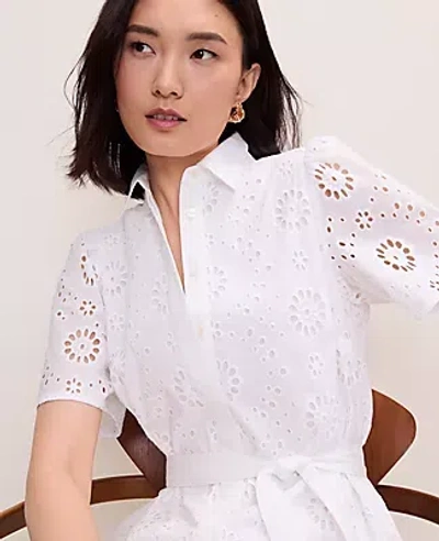 Ann Taylor Petite Eyelet Collared Midi Shirtdress In White
