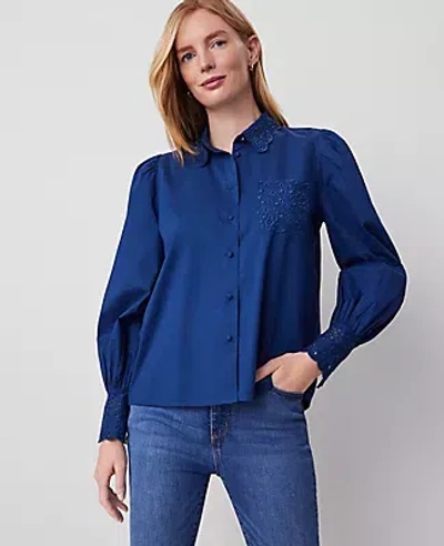 Ann Taylor Petite Eyelet Embroidered Pocket Shirt In Calm Shores
