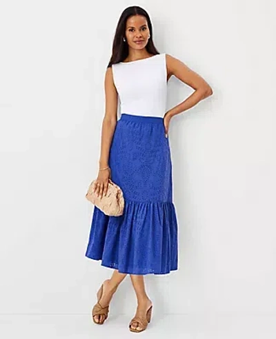 Ann Taylor Petite Eyelet Gathered Flounce Midi Skirt In Dazzling Blue