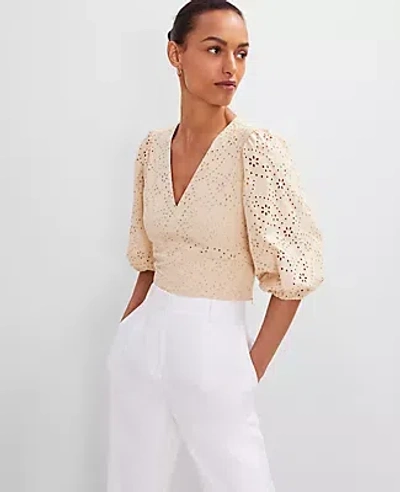 Ann Taylor Petite Eyelet Puff Sleeve Blouse In Sand