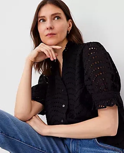 Ann Taylor Petite Eyelet Ruffle Button Top In Black