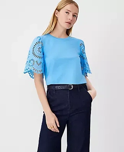 Ann Taylor Petite Eyelet Sleeve Pima Cotton Tee In Cerulean Blue