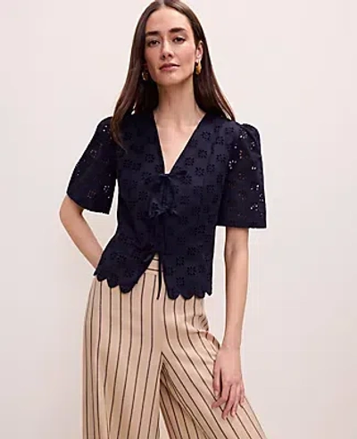 Ann Taylor Petite Eyelet Tie Front Blouse In Black