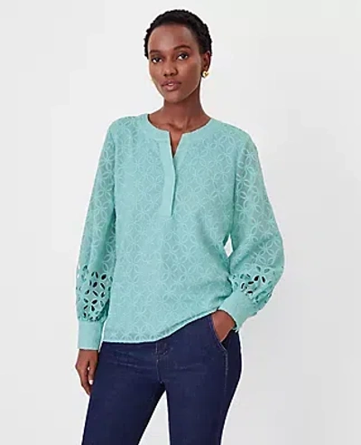 Ann Taylor Petite Eyelet Wide Cuff Popover Top In Seaglass Frost