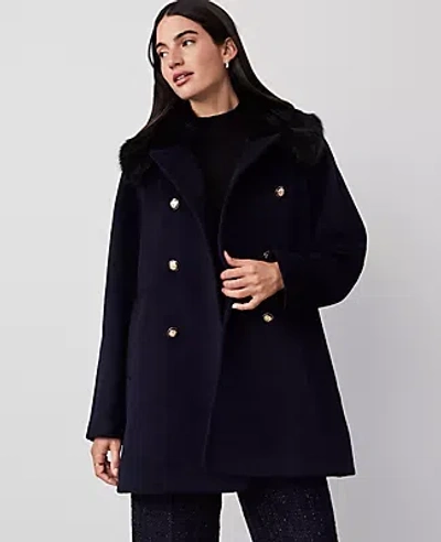 Ann Taylor Petite Faux Fur Collar Double Breasted Swing Coat In Night Sky