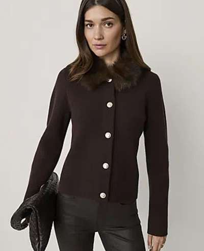 Ann Taylor Petite Faux Fur Collar Sweater Jacket In Chocolate Noir