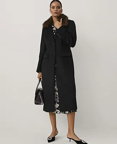 Ann Taylor Petite Faux Fur Trim Long Chesterfield Coat In Black