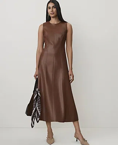 Ann Taylor Petite Faux Leather Flare Midi Dress In Midnight Mahogany