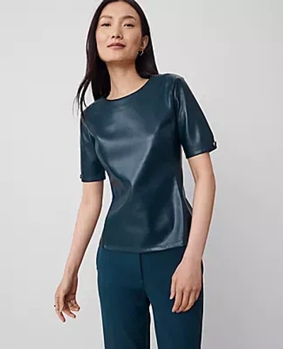 Ann Taylor Petite Faux Leather Peplum Top In Ominous Teal