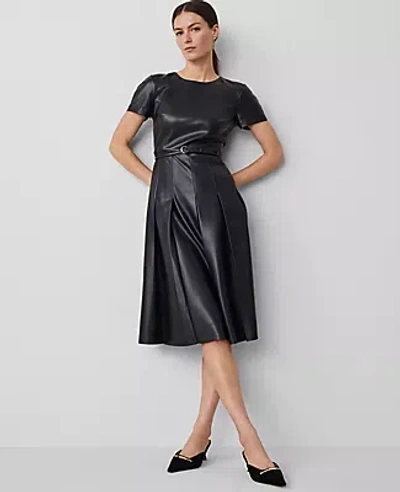Ann Taylor Petite Faux Leather Pleated Midi Dress In Black