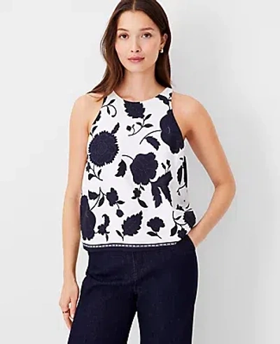Ann Taylor Petite Floral Border Linen Blend Halter Top In Night Sky