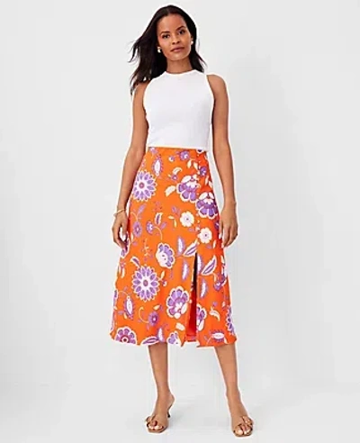 Ann Taylor Petite Floral Button Slit Midi Slip Skirt In Flame Azalea