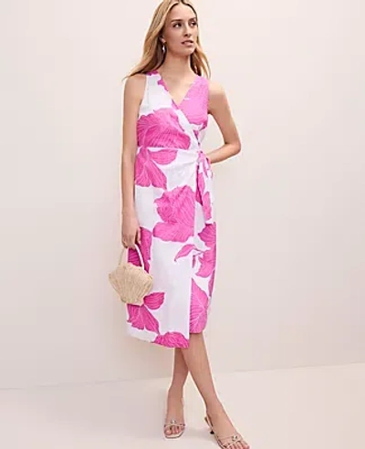 Ann Taylor Petite Floral Linen Blend Midi Wrap Dress In Pink