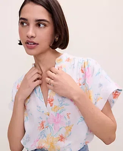 Ann Taylor Petite Floral Linen Blend Split Neck Blouse In Multi