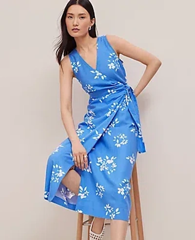 Ann Taylor Petite Floral Linen Blend V-neck Wrap Dress In Blue