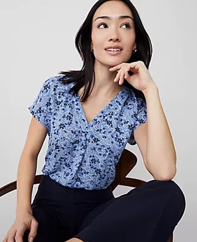Ann Taylor Petite Floral Mixed Media Top In Colony Blue