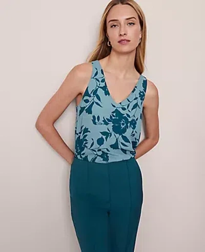 Ann Taylor Petite Floral Mixed Media V-neck Shell Top In Blue