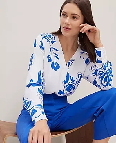 Ann Taylor Petite Floral Mixed Media V-neck Top In Blue